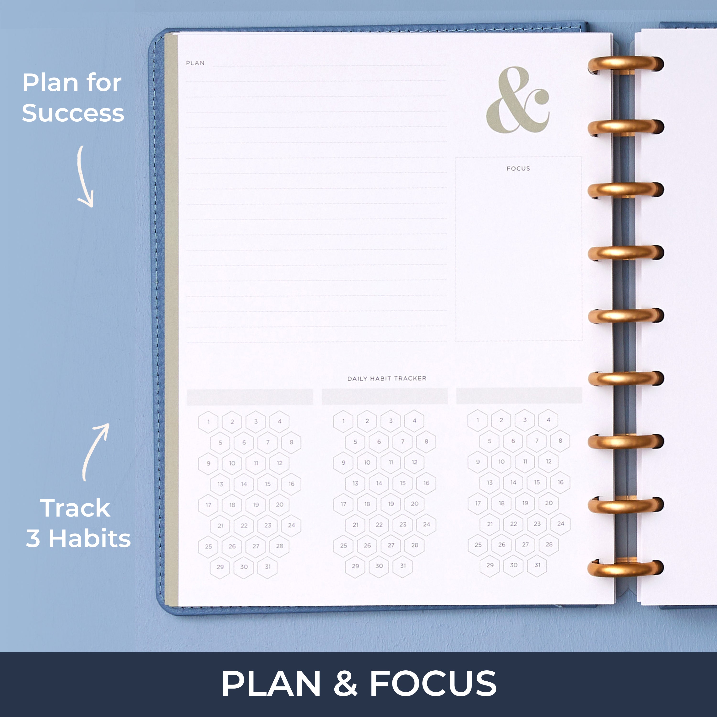dedicated plan &amp; focus page featuring lined writing space, open writing space, and a daily habit tracker.