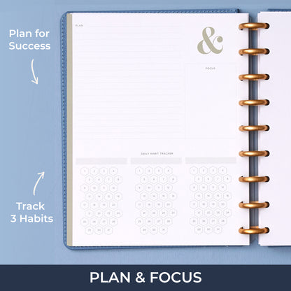 dedicated plan &amp; focus page featuring lined writing space, open writing space, and a daily habit tracker.
