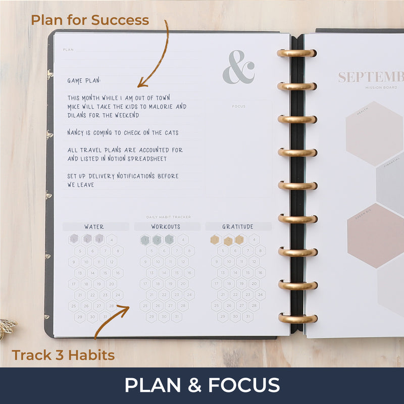 Plan for success and focus on your goals, Ample lined writing space and daily habit tracker to live our best life