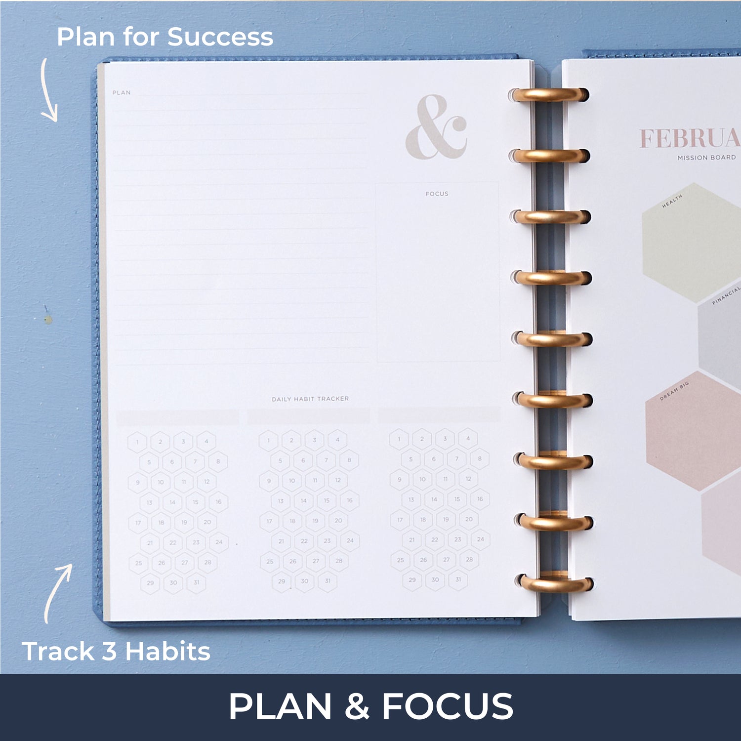 plan and focus pages to plan ahead with water, workout, and gratitude tracker