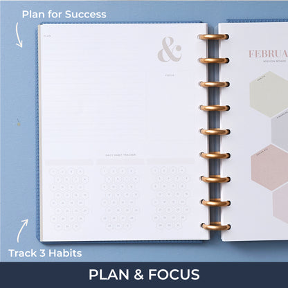 plan and focus pages to plan ahead with water, workout, and gratitude tracker