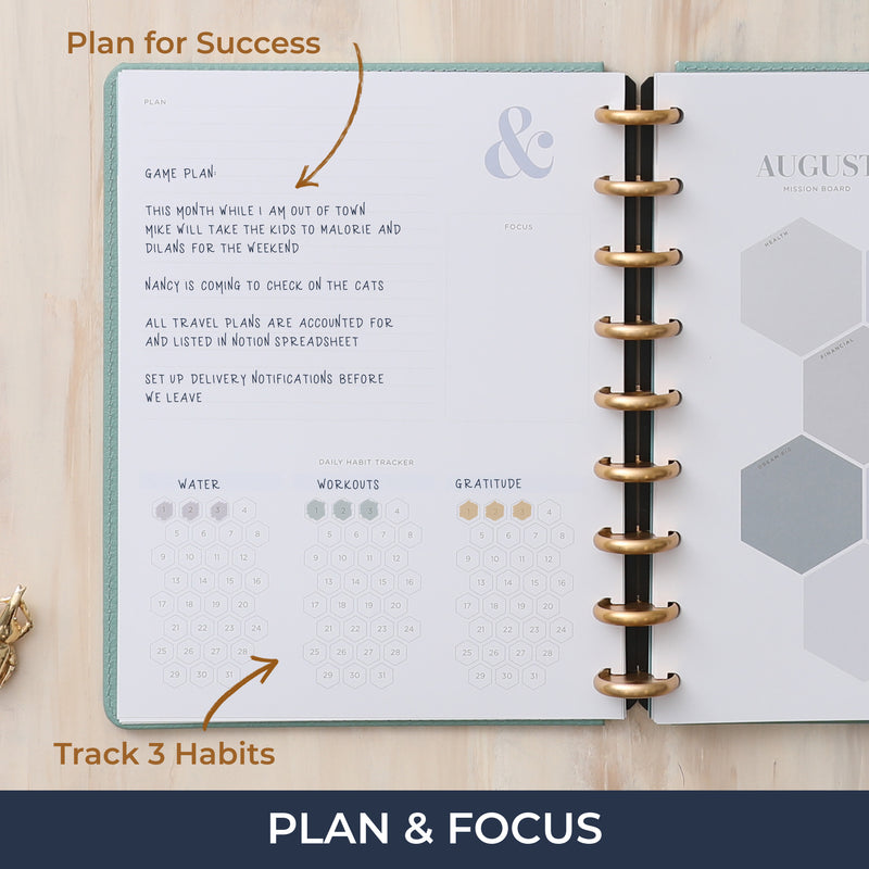 Plan for success and focus on your goals, Ample lined writing space and daily habit tracker to live our best life