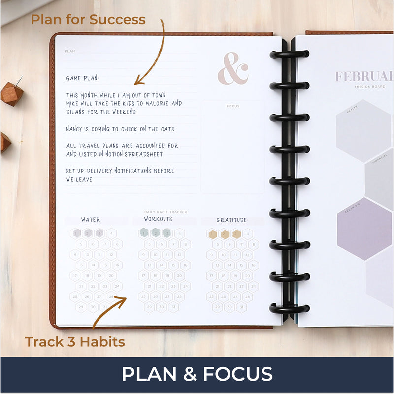 plan and focus pages to plan ahead with water, workout, and gratitude tracker