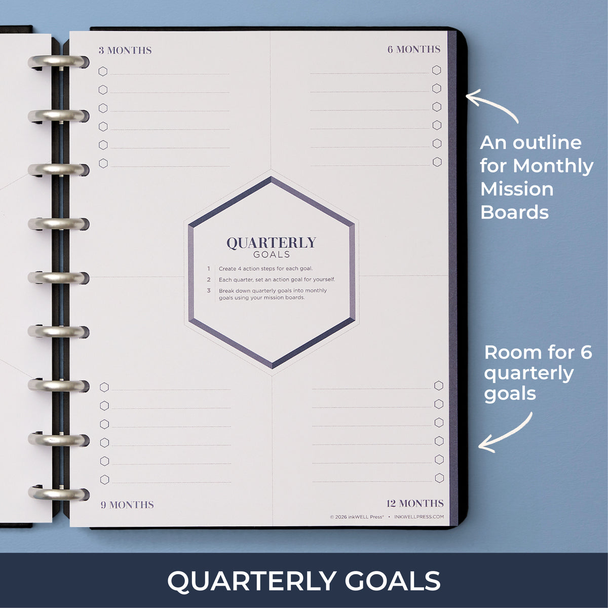 the quarterly goals page featuring 3, 6, 9, and 12month goal updates with lined writing space
