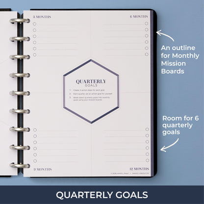 the quarterly goals page featuring 3, 6, 9, and 12month goal updates with lined writing space
