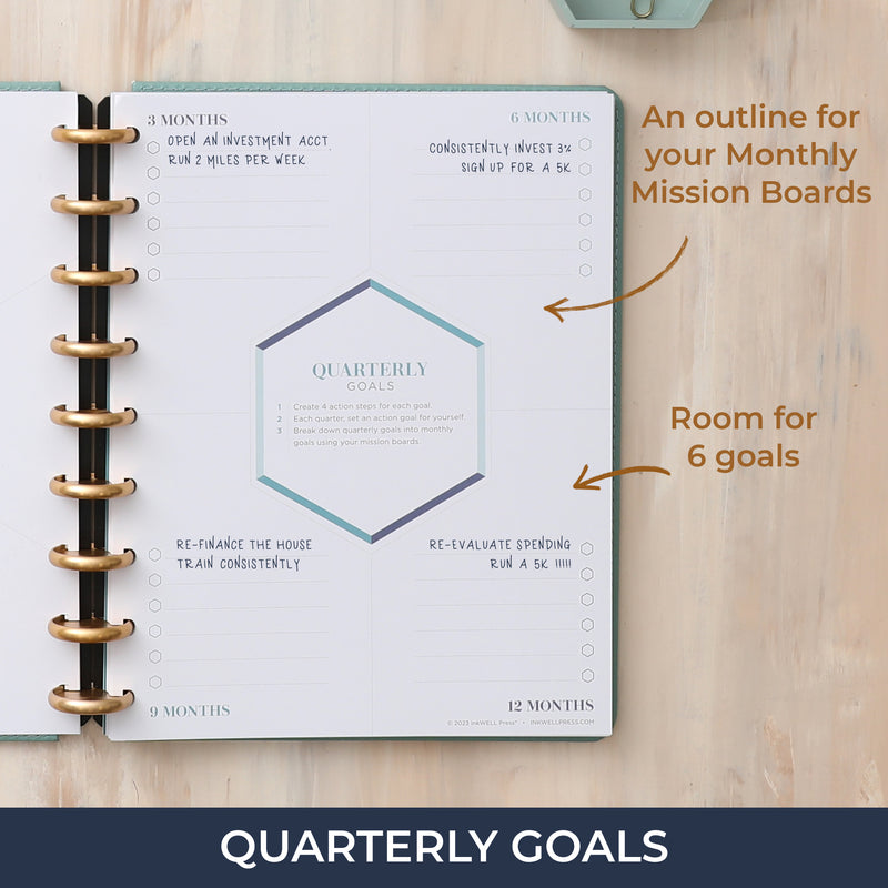 Keep track of your short and long term goals quarterly, featuring a personalized page with lined notes and bullet points