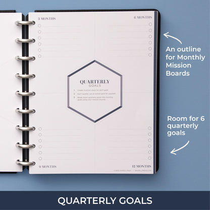 quarterly goals tracking at 3, 6, 9, and 12 months with lined writing space