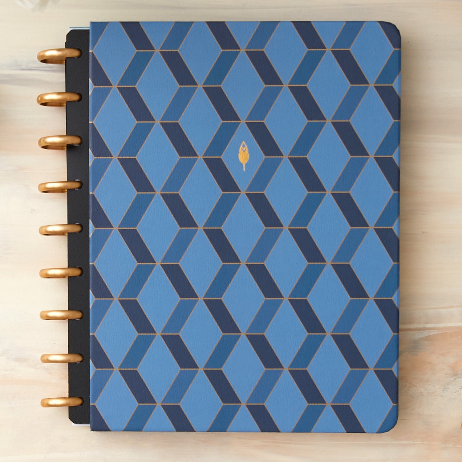 Blue Links discbound cover for inkwell press 2023 planners featuring a 3D hexagon pattern in blue and gold outlines