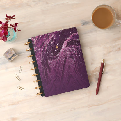 Amethyst Hard paper cover in 7x9 size featuring an elegant, geo wavy design in purple and gold discs.