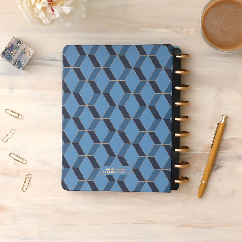 Blue Links discbound cover for inkwell press 2023 planners featuring a 3D hexagon pattern in blue and gold outlines