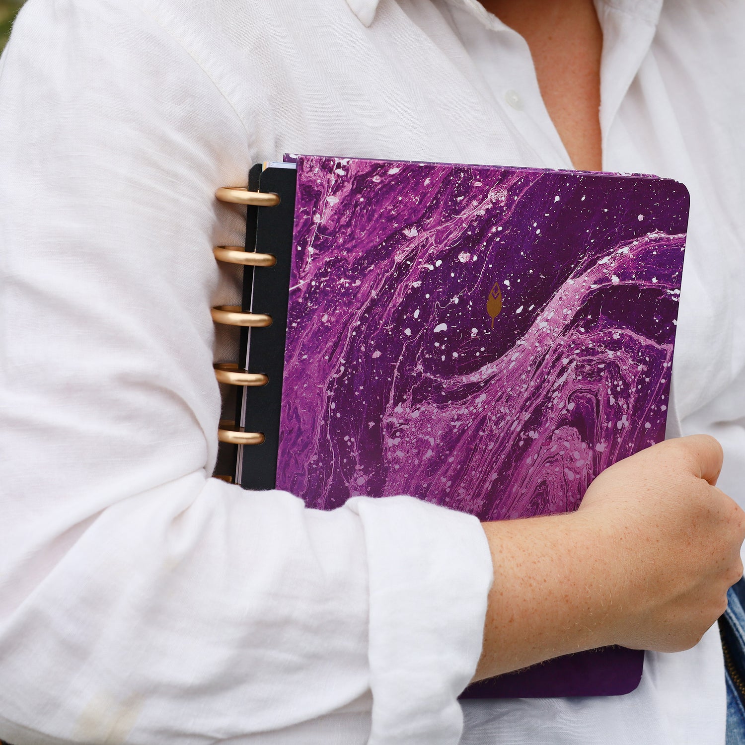 Amethyst Hard paper cover in 7x9 size featuring an elegant, geo wavy design in purple and gold discs.