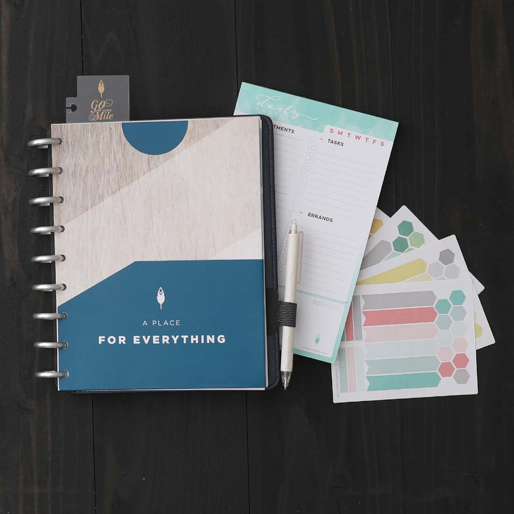 inkwell press accessories bundle includes stickers, notepad for appointments, tasks, notes, ruler, triple pocket for storage, and pen loop, all in one package to get your organized!